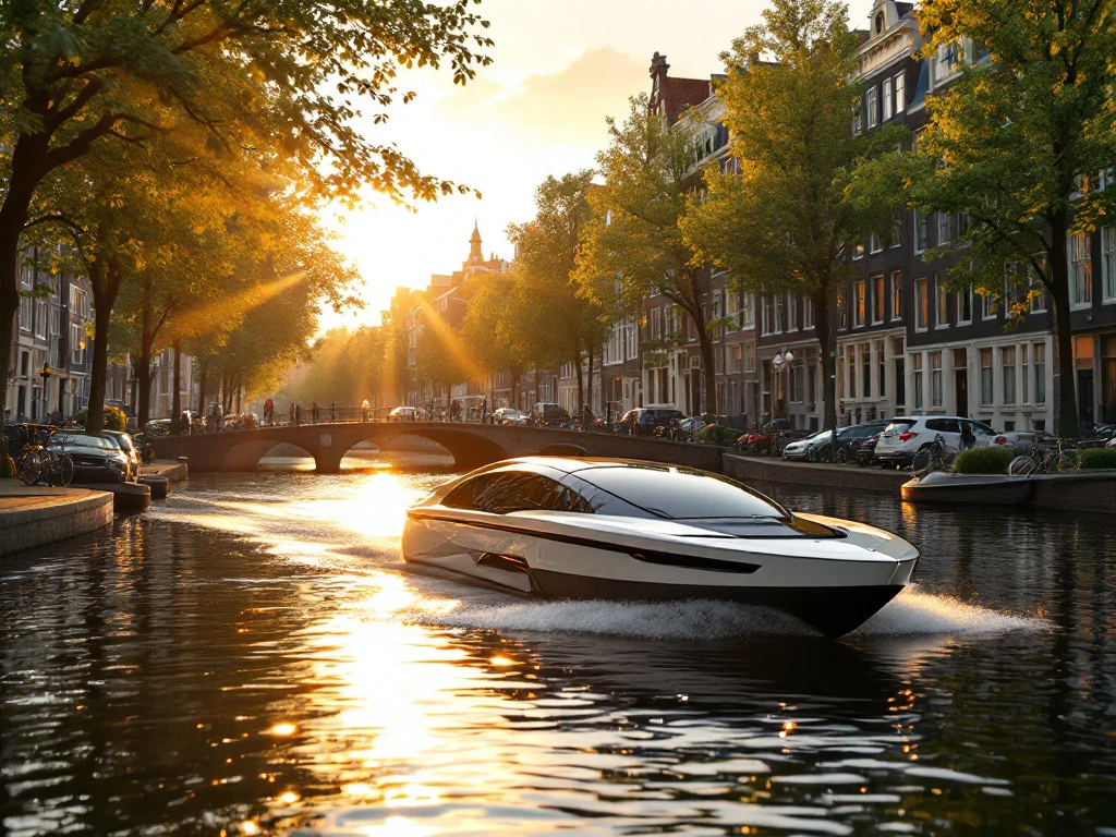 Electric boat cruising Amsterdam's historic canals at golden hour with 17th-century gabled houses reflecting in water