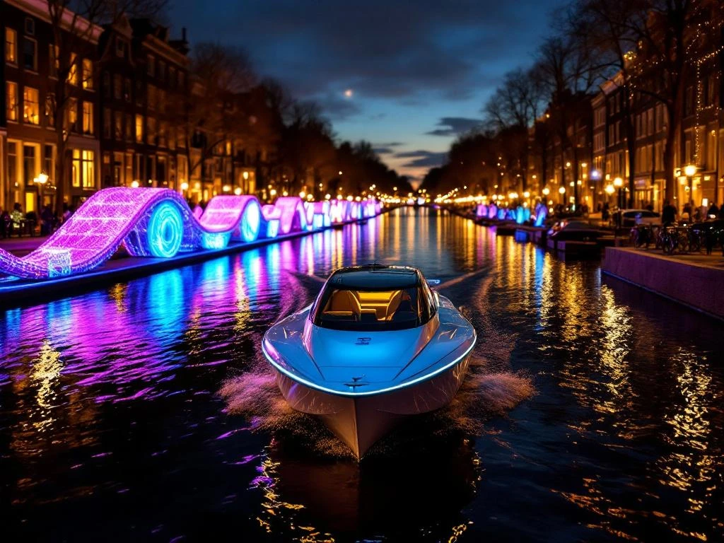 Electric boat gliding through Amsterdam canal during Light Festival with colorful art installations reflecting on water