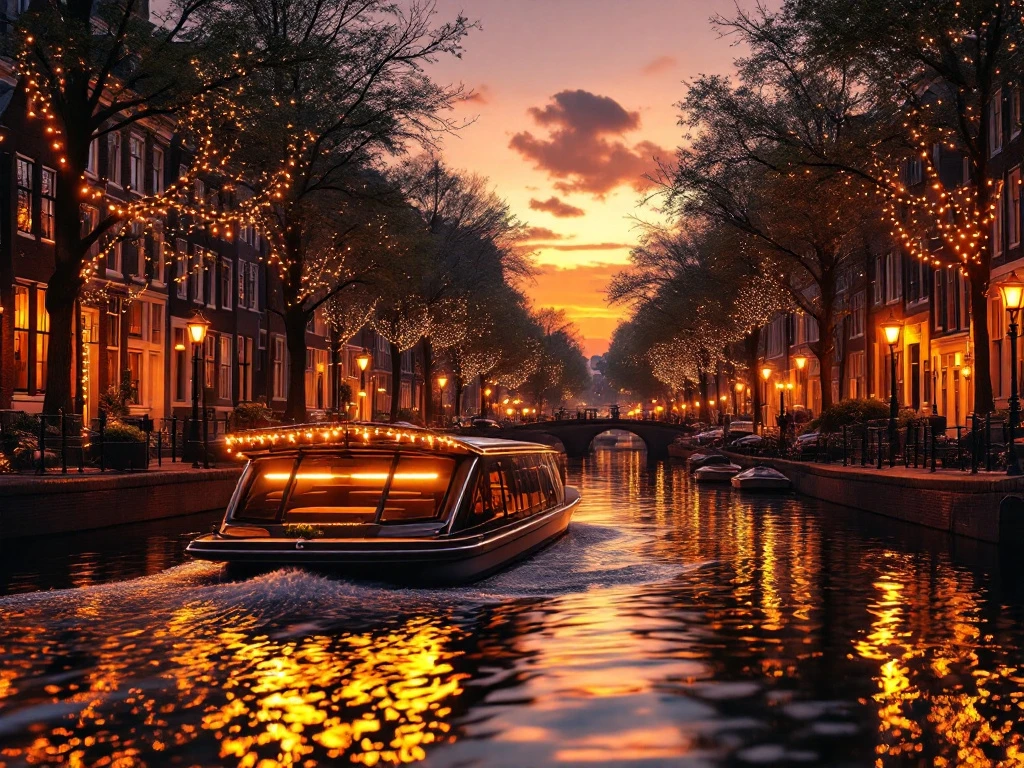 Electric boat with string lights gliding through Amsterdam canal at sunset, historic gabled houses reflecting in water