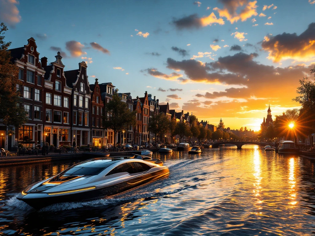 Electric boat cruising Amsterdam canal at golden hour sunset with historic Dutch gabled houses and warm light reflecting on water