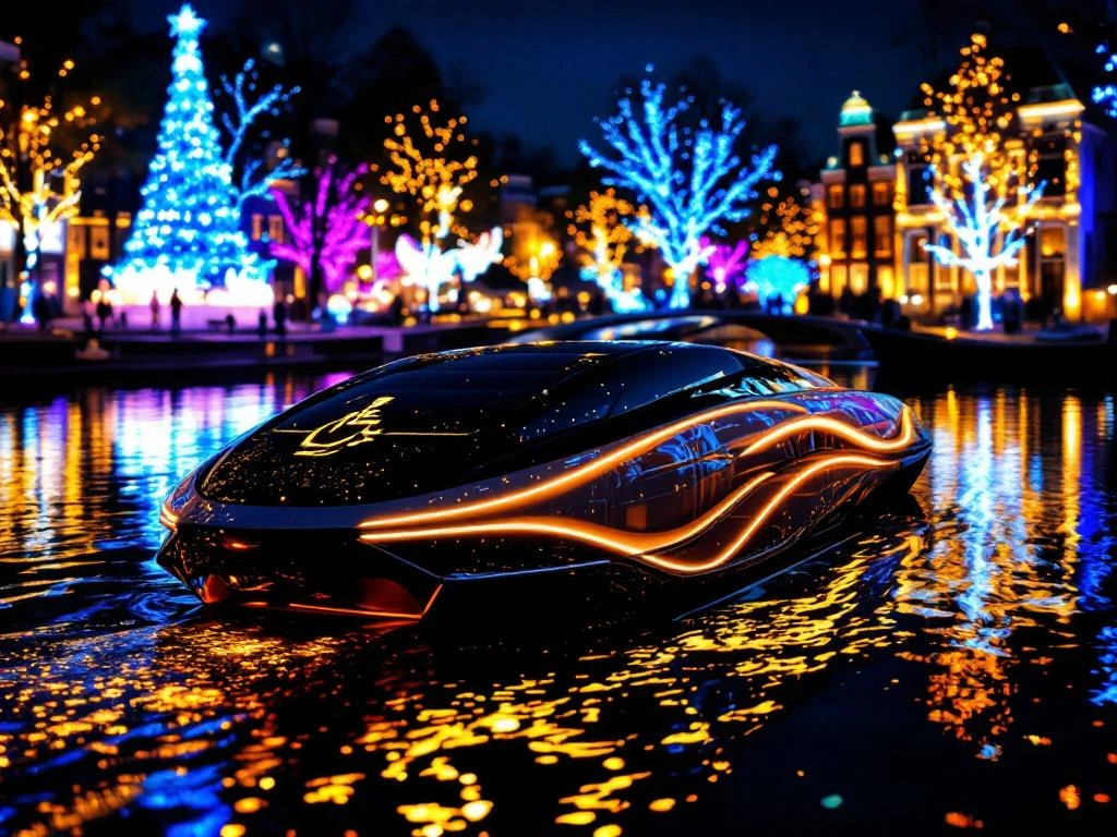 Electric boat with wheelchair accessibility ramp on Amsterdam canal during Light Festival with colorful illuminated buildings