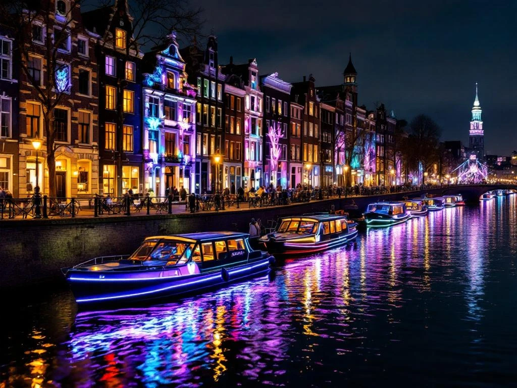 Amsterdam canal boats at historic dock during Light Festival with colorful light projections reflecting on water at night.