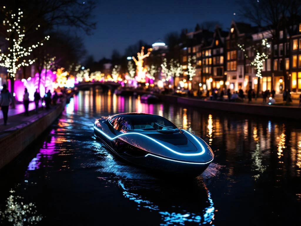 Electric boat gliding through Amsterdam's illuminated canals during Light Festival with colorful art reflections and historic houses.