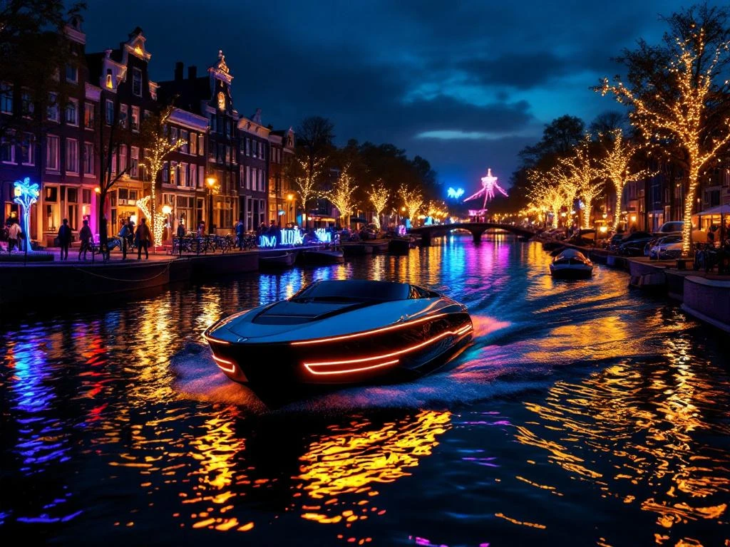 Electric boat gliding through Amsterdam's illuminated canals during Light Festival with colorful reflections and historic houses