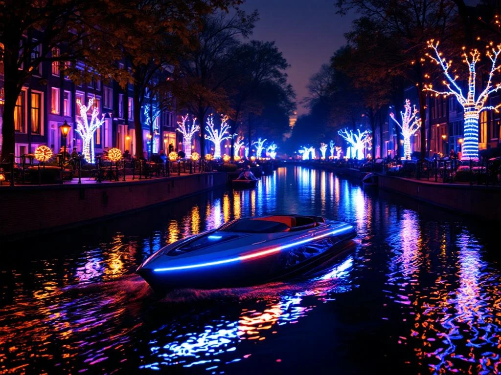 Electric boat gliding through Amsterdam canal during Light Festival with illuminated art installations reflecting in water