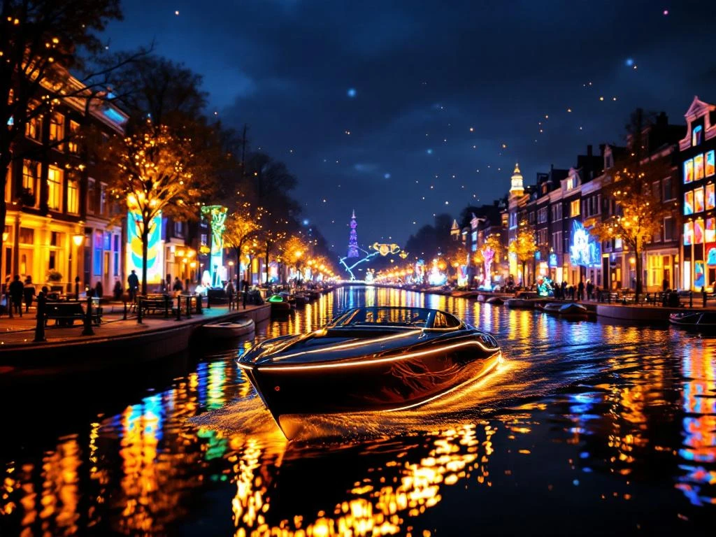 Electric boat gliding through Amsterdam's illuminated canals during Light Festival with colorful art projections on historic houses