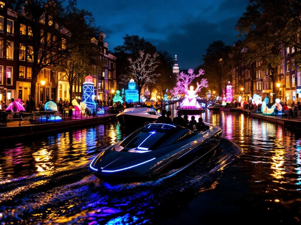Electric boat with passengers cruising Amsterdam's illuminated canals during Light Festival with colorful art installations