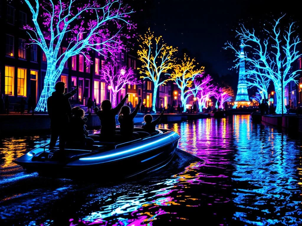 Electric boat with families viewing colorful light installations during Amsterdam Light Festival on illuminated canal at night.