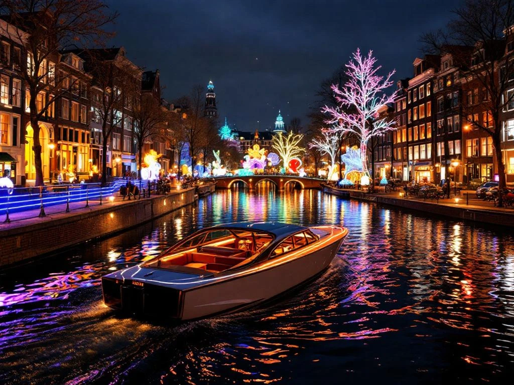 Electric boat gliding through Amsterdam's illuminated canals during Light Festival with colorful art installations reflected in water
