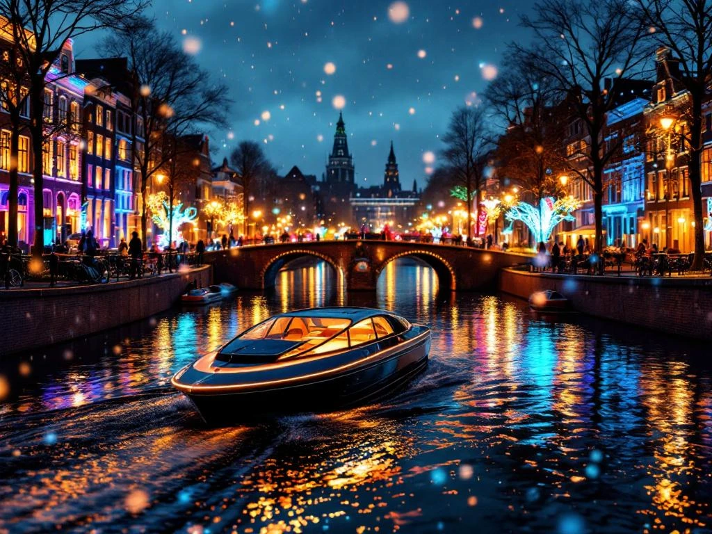 Electric boat navigating Amsterdam canal during Light Festival with colorful illuminated bridges and rainlit reflections