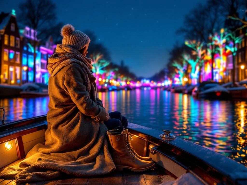Electric boat on Amsterdam canal during Light Festival with winter clothing on deck and colorful light projections on historic buildings