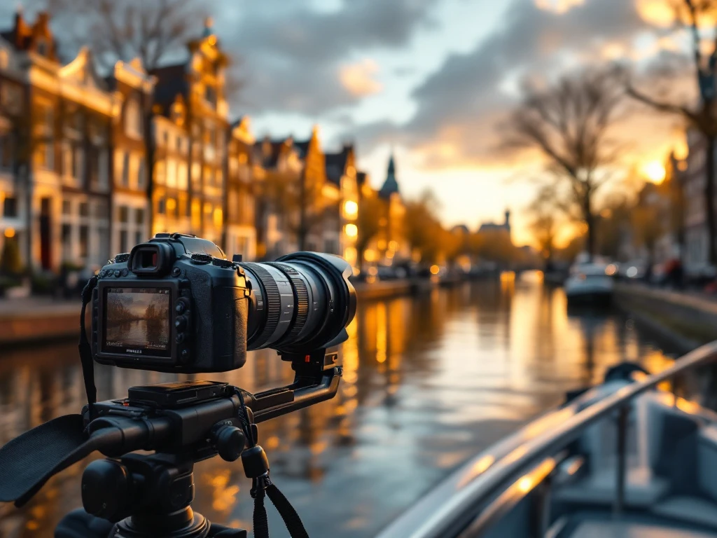 Photographer with telephoto camera on electric boat capturing historic Amsterdam canal houses during golden hour