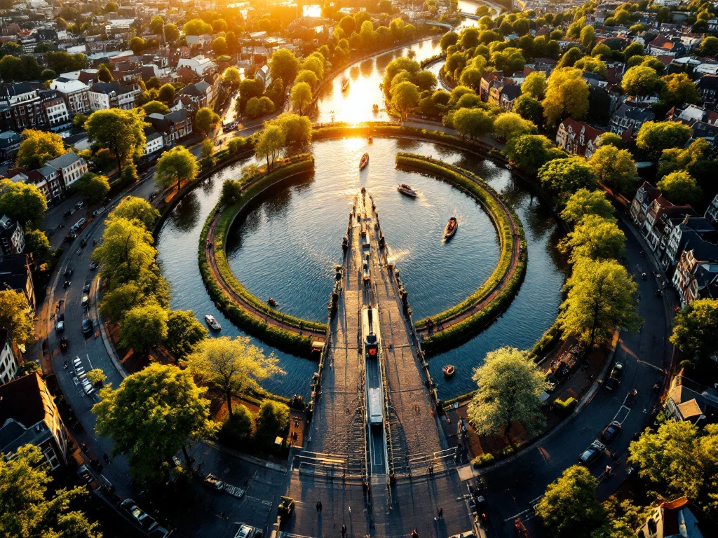 Aerial view of Amsterdam's historic canal ring system at golden hour with traditional Dutch houses and boats on waterways
