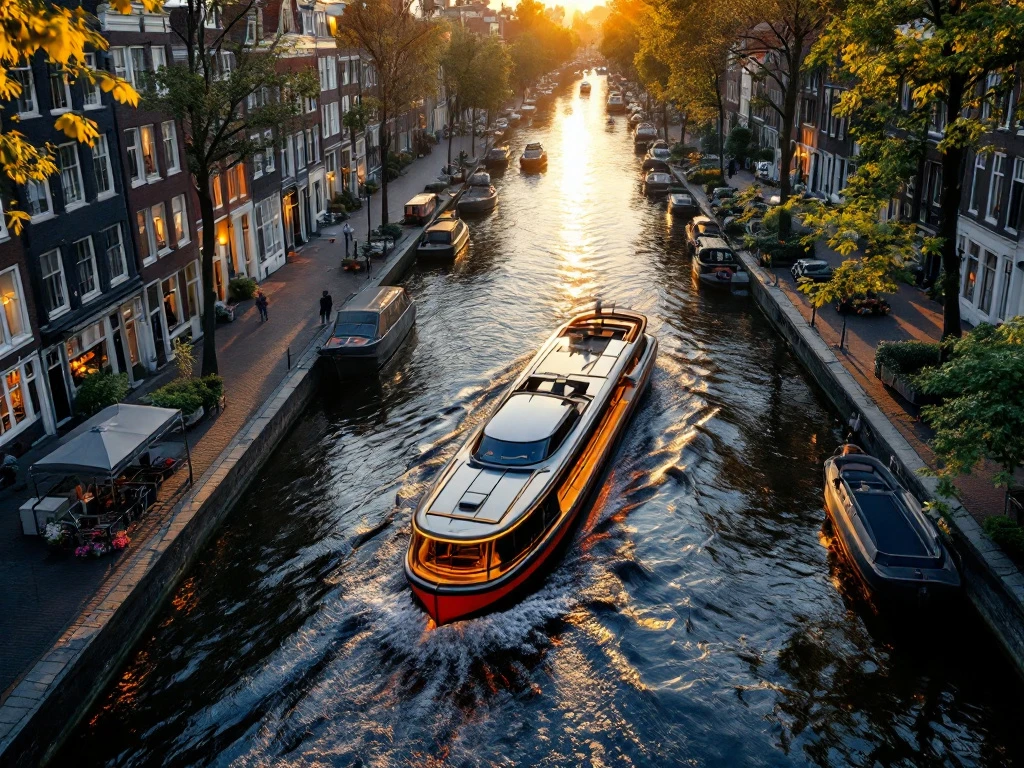 Aerial view of Amsterdam's historic canals at golden hour with electric boat on Herengracht and 17th-century Dutch houses