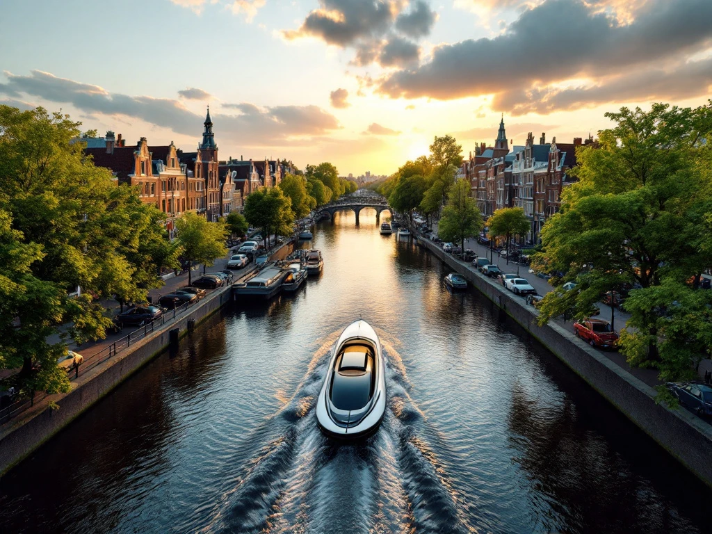 Aerial view of Amsterdam canals at golden hour with electric boat, historic gabled houses, and tree-lined waterways