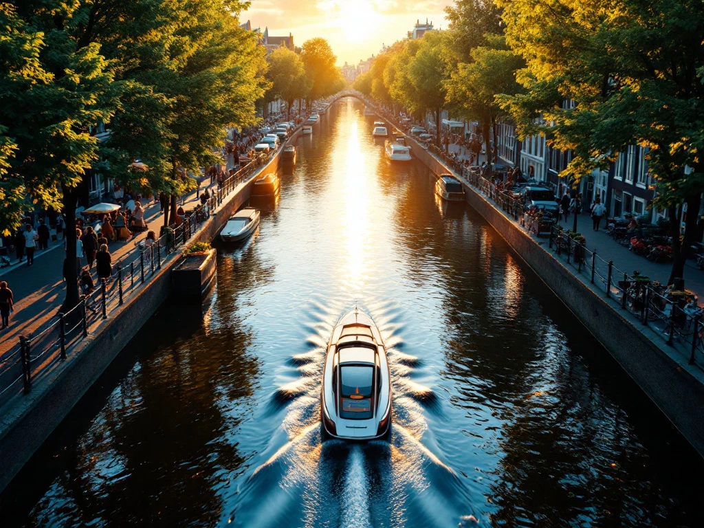 Electric boat gliding through Amsterdam canal at golden hour with historic Dutch architecture and lush trees