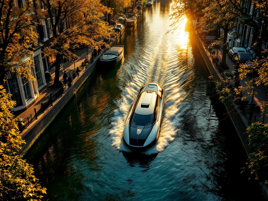Electric boat gliding through Amsterdam canal at golden hour with historic gabled houses reflected in water