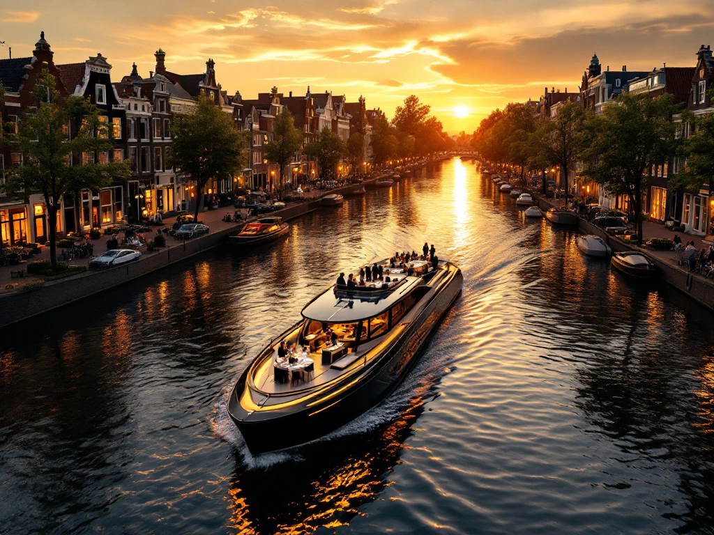 Electric boat hosting corporate event on Amsterdam canals at sunset with historic Dutch houses lining waterways