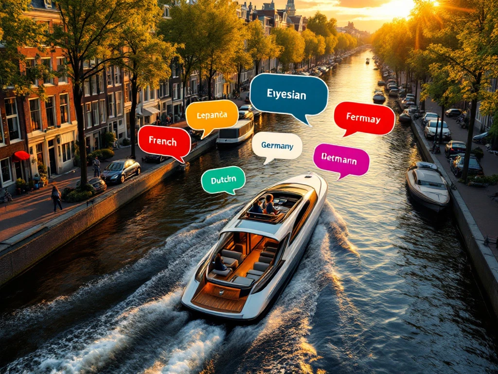 Electric boat on Amsterdam canal at sunset with multilingual speech bubbles floating above, historic Dutch houses lining waterway