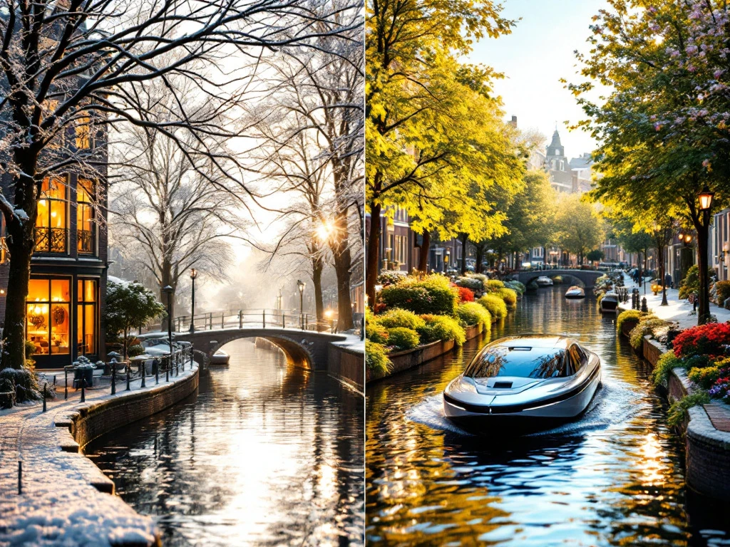 Electric boat on Amsterdam canal in winter with snow-covered cobblestones and summer with blooming flowers in split-screen view.