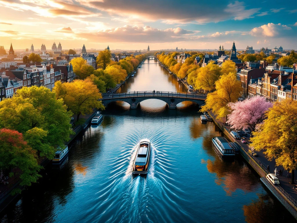 Aerial view of Amsterdam canals transitioning through four seasons with electric boat, historic gabled houses, and golden hour lighting.