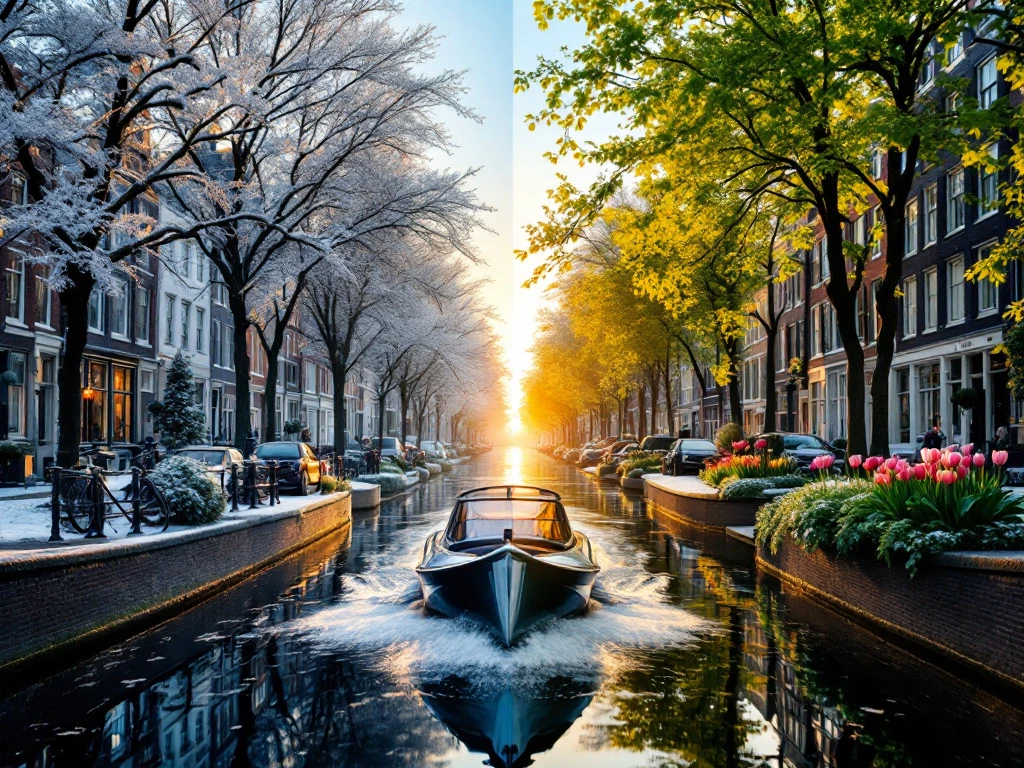 Amsterdam canals in winter and spring seasons with historic gabled houses, electric boat, and seasonal foliage reflections