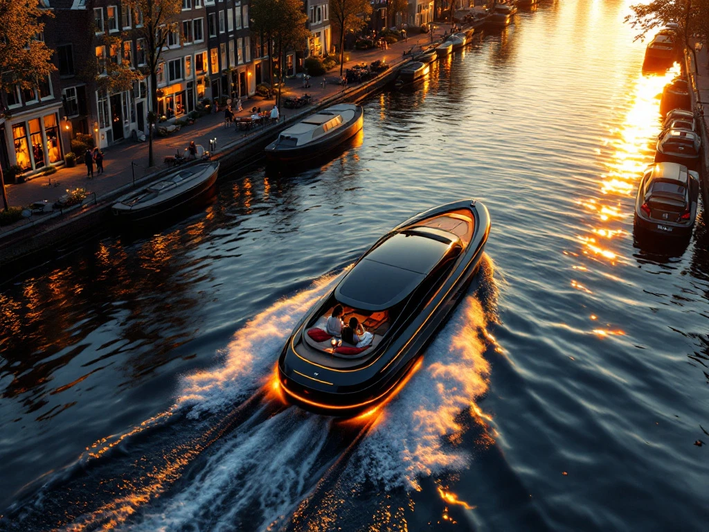 Electric boat with couple cruising Amsterdam canals at sunset, historic Dutch houses reflected in golden water