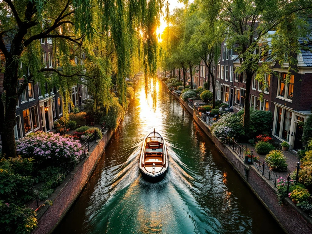 Electric boat gliding through Amsterdam's tree-lined canal at golden hour with historic 17th-century houses and gardens