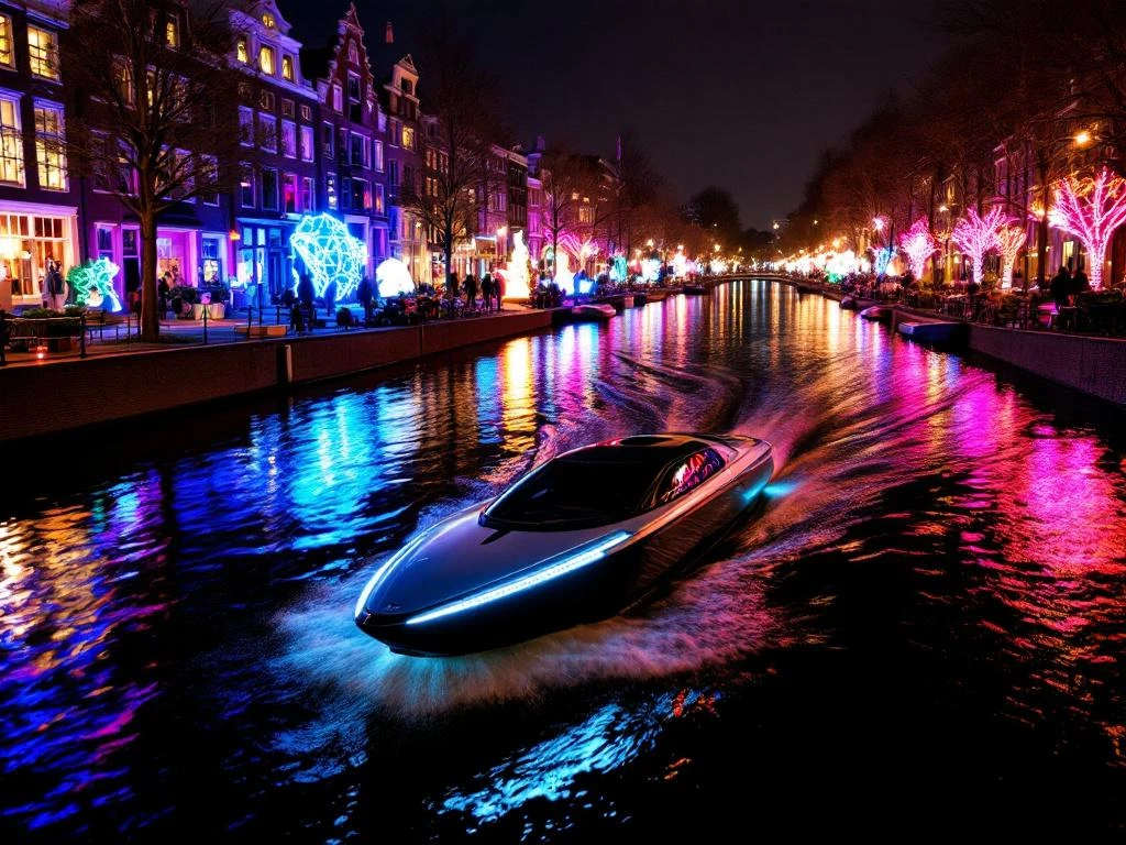 Electric boat on Amsterdam canal during Light Festival with colorful art installations reflecting on water at night.