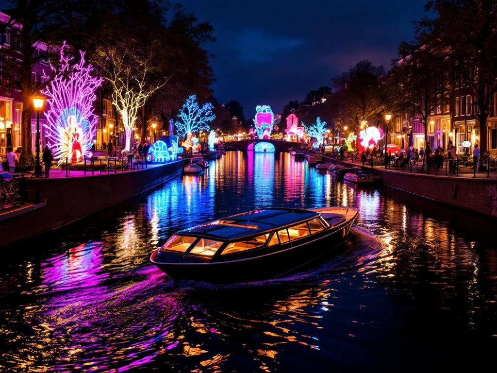 Electric boat glides through Amsterdam canal during Light Festival with colorful art installations reflecting on water at night.
