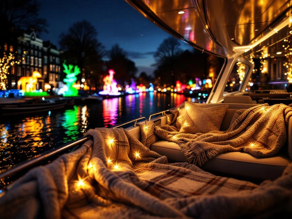 Electric boat with cozy blankets gliding through Amsterdam's illuminated canals during Light Festival at night