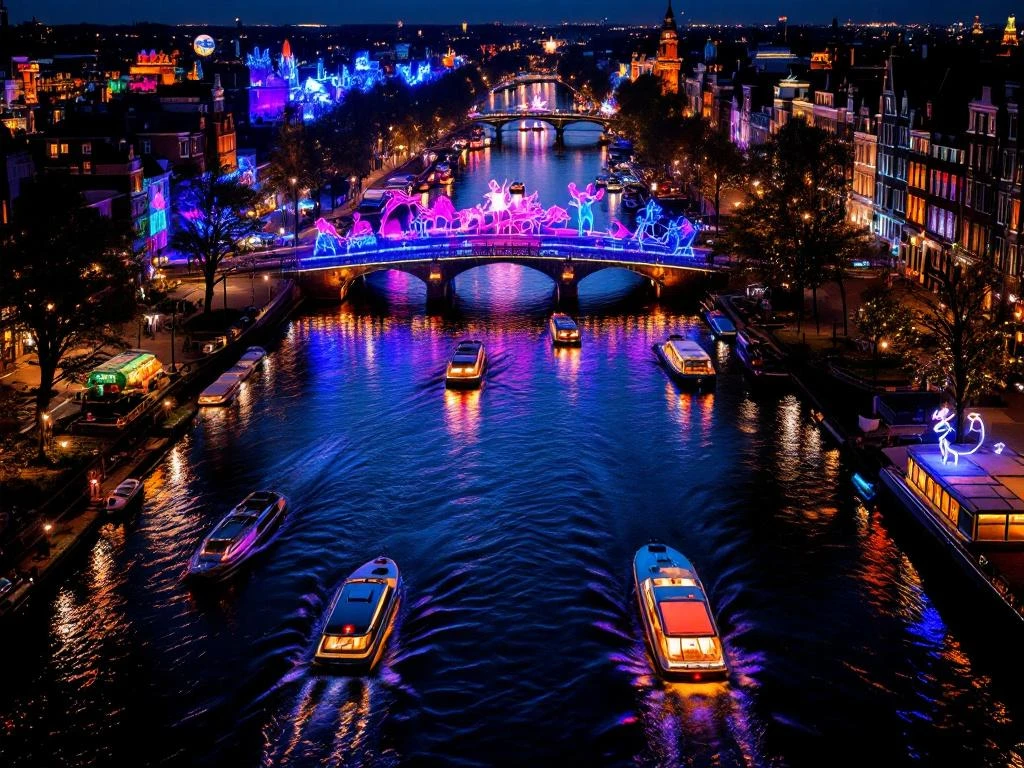 Amsterdam canals illuminated with colorful light installations during Light Festival, electric boats creating trails on water