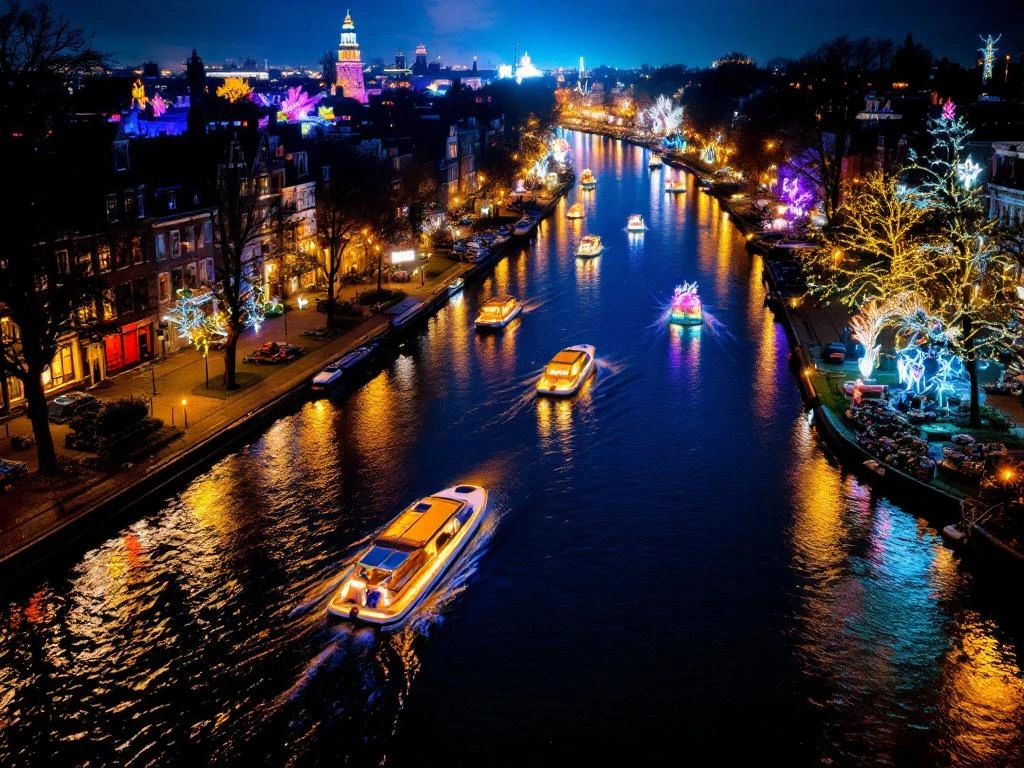 Amsterdam Light Festival aerial view showing illuminated canal art installations reflecting in water with electric boats gliding past historic houses at night.