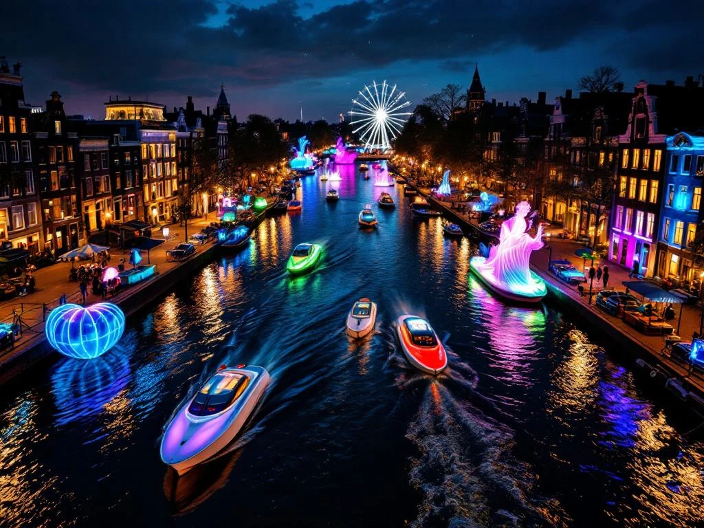 Electric boats navigate Amsterdam's illuminated canals during Light Festival with colorful art installations reflecting in water