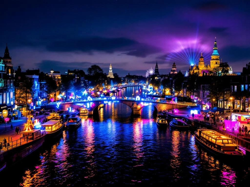 Amsterdam Light Festival aerial view showing illuminated canals with colorful light installations and boats navigating waterways.