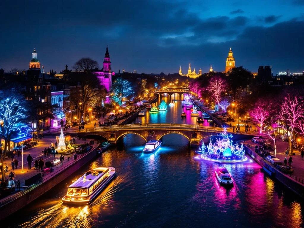 Aerial view of Amsterdam's illuminated canals during Light Festival with colorful art installations and glowing boats