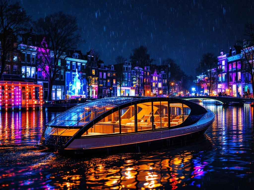 Electric boat with glass canopy cruising Amsterdam's illuminated canals during Light Festival with colorful reflections