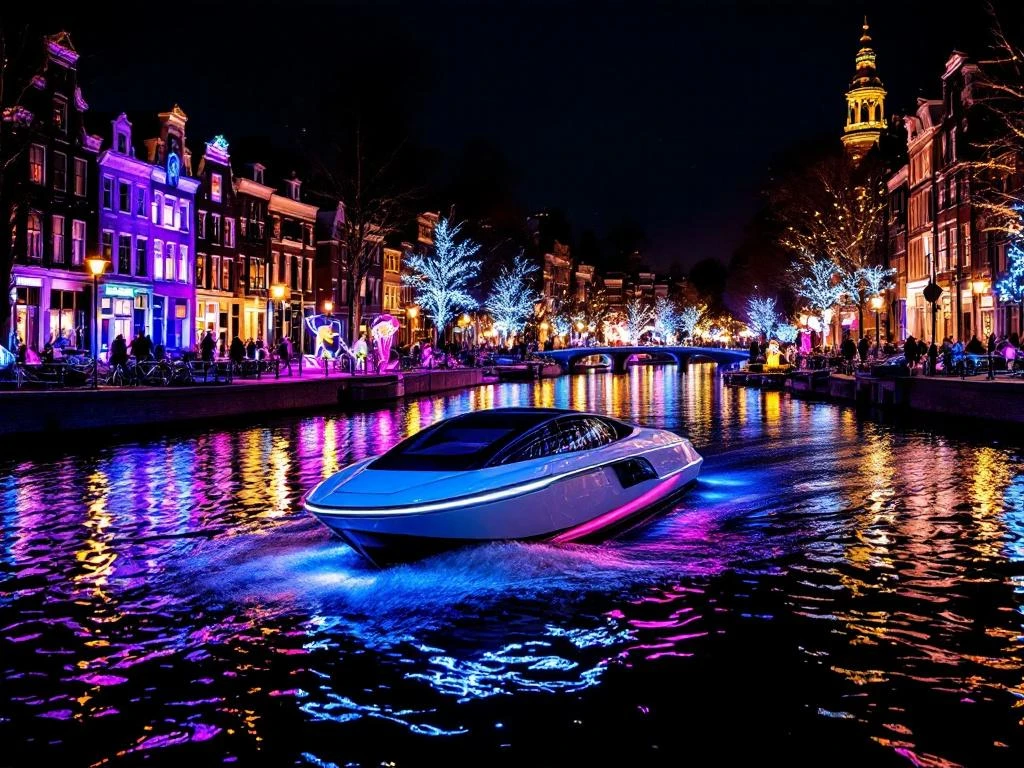Electric boat gliding through Amsterdam canal during Light Festival with colorful art installations reflecting on water at night.