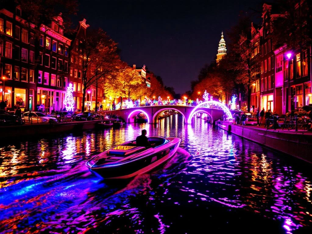 Electric boat gliding through Amsterdam canal during Light Festival with colorful LED art installations reflecting on water