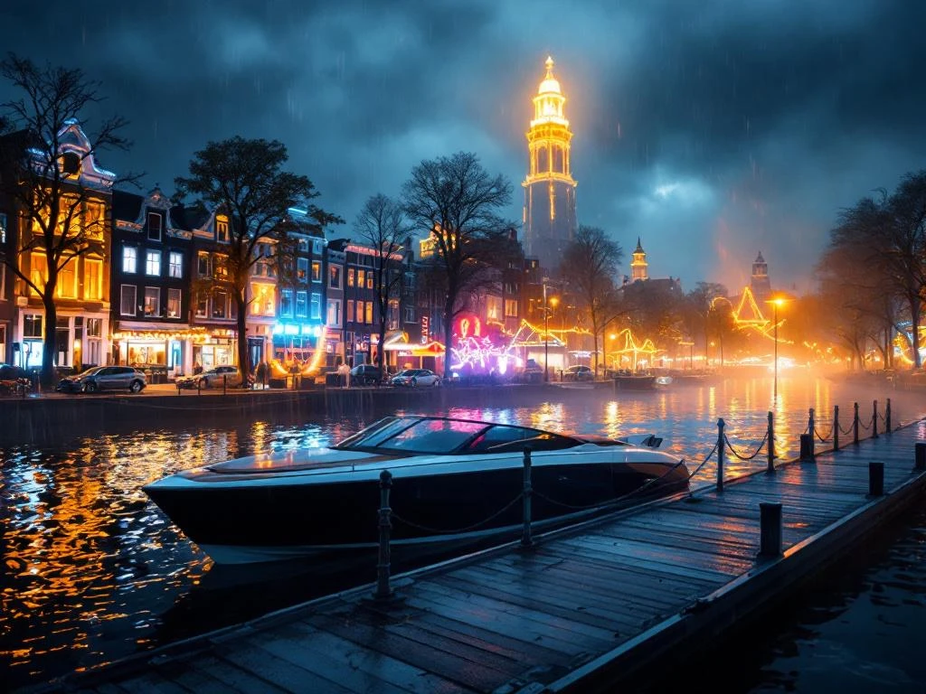Electric boat docked at Amsterdam canal during Light Festival with illuminated houses contrasting stormy weather and rain.