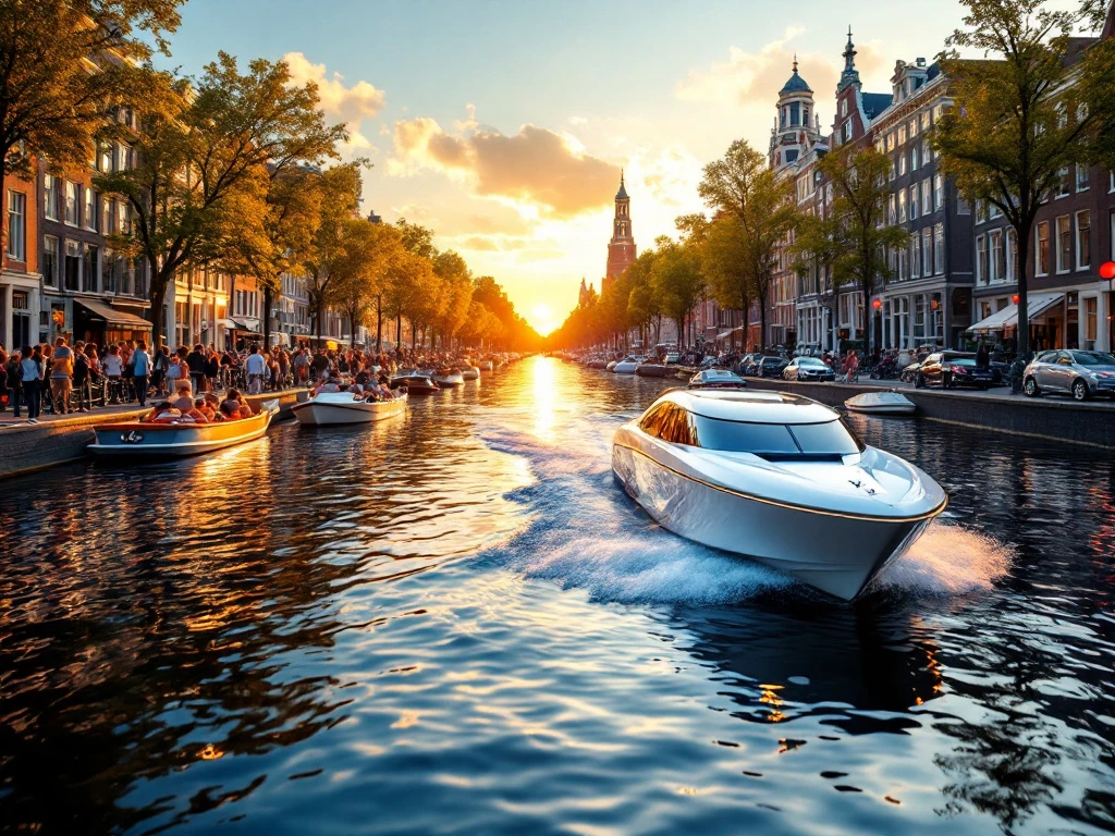 Split-screen comparison of crowded traditional canal boats versus quiet modern electric boat on Amsterdam canal at golden hour.