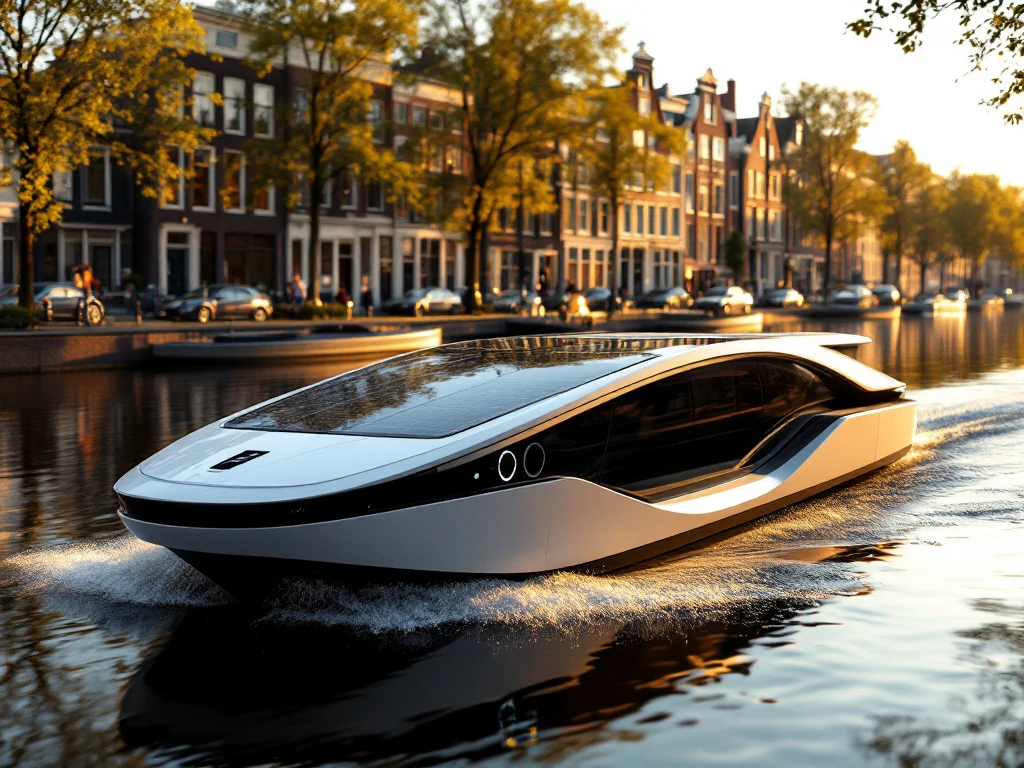Modern electric boat with solar panels cruising Amsterdam canal during golden hour, historic Dutch houses reflected in water