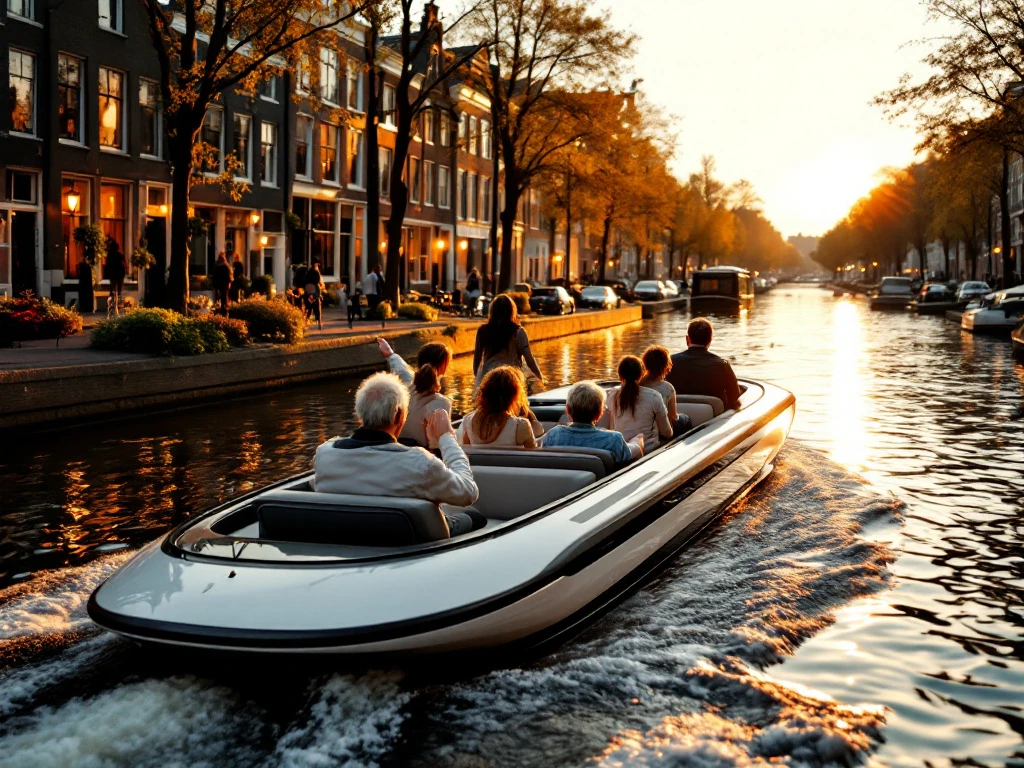 Multi-generational family enjoying electric canal boat tour through Amsterdam's historic waterways at golden hour