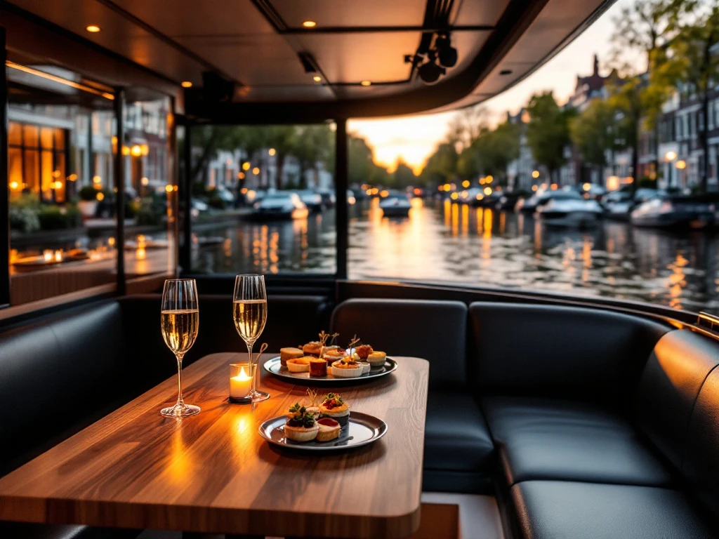 Luxury electric canal boat with champagne service cruising Amsterdam waterways at sunset with historic Dutch houses