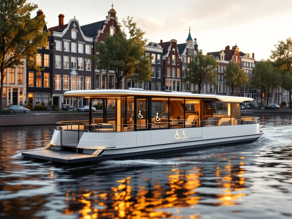 Wheelchair accessible canal cruise boat with hydraulic lift on Amsterdam waterway surrounded by historic Dutch houses