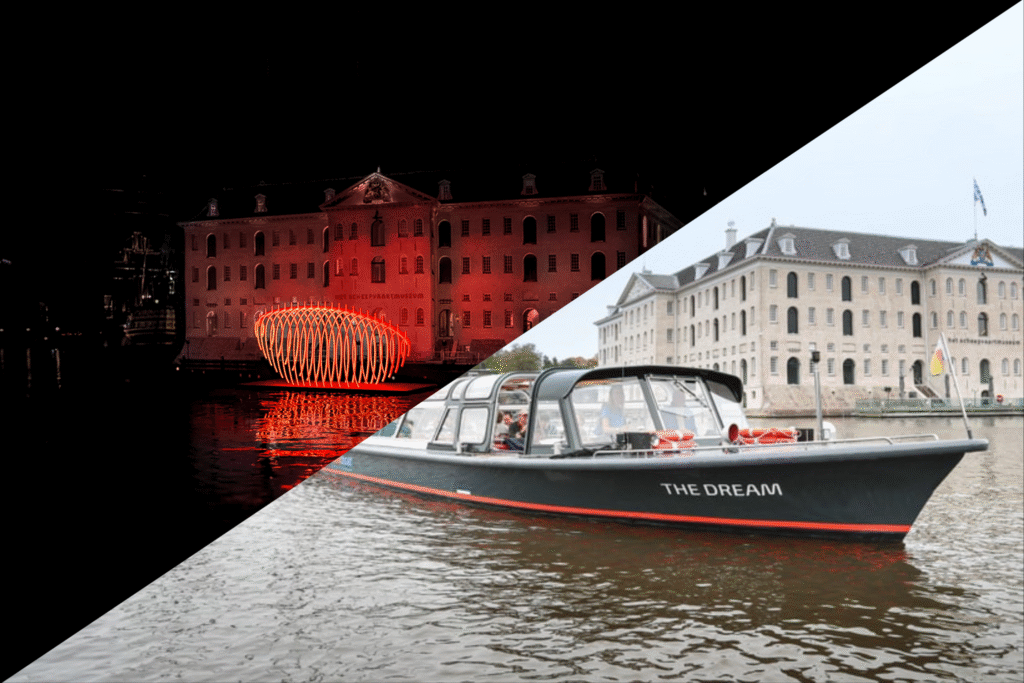 Blije gasten tijdens prachtig overdekte en traditionele amsterdam light festival cruise