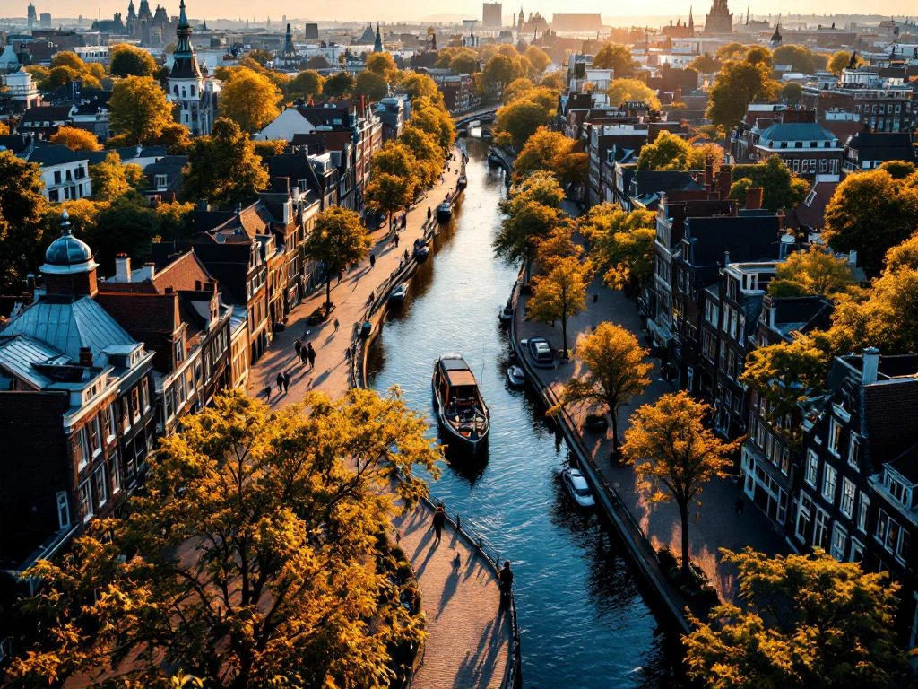 Aerial view of Amsterdam's historic canal district with cobblestone streets, gabled houses, and tree-lined waterways at golden hour