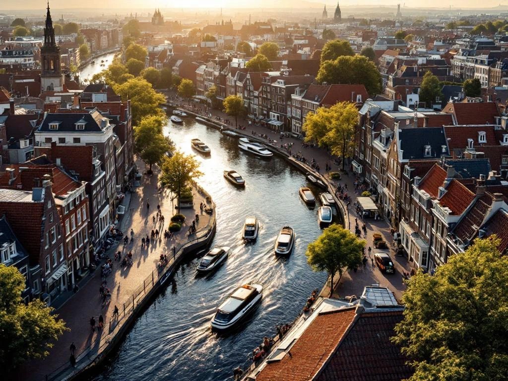 Aerial view of Amsterdam's historic canals and cobblestone squares with Dutch architecture, cyclists, and eco-friendly boats