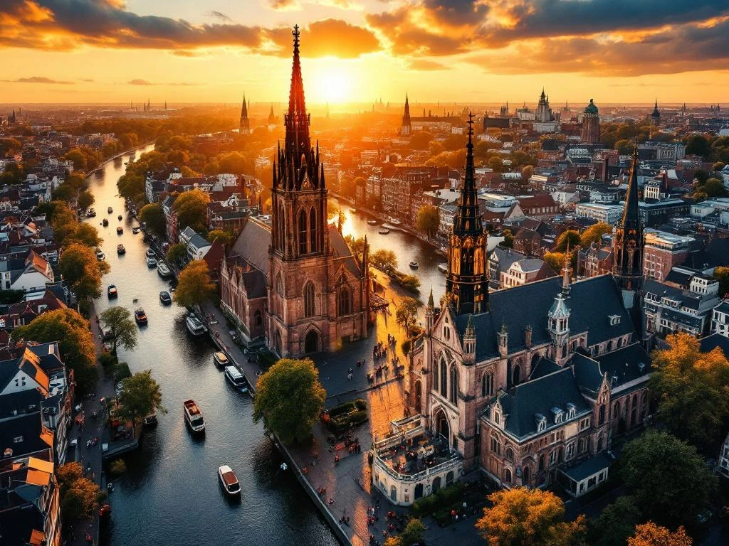 Aerial view of Amsterdam's historic Oude Kerk and Westerkerk churches with canal boats during golden hour sunset