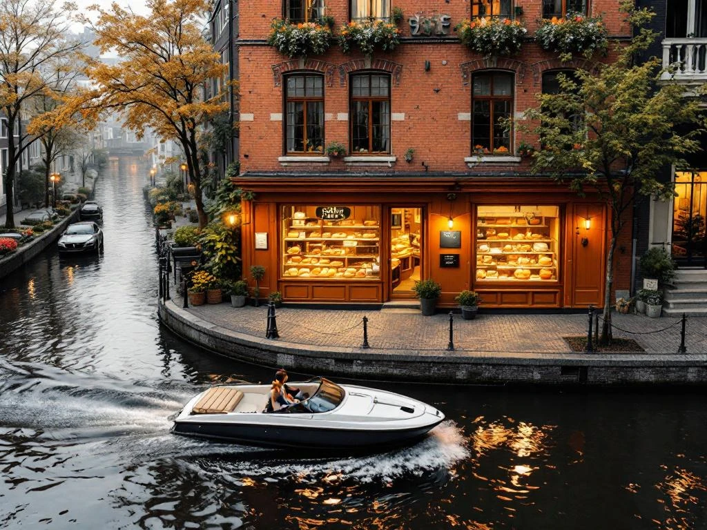 Traditional Dutch bakery with orange-brick facade on Amsterdam street corner, electric boat on canal, cobblestone streets